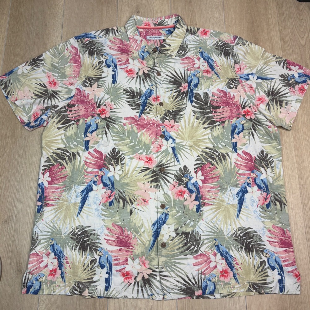 Tommy Bahama Mens 3XL Tall Silk Tropical Parrot Palm Print Camp Shirt Macaw Pink